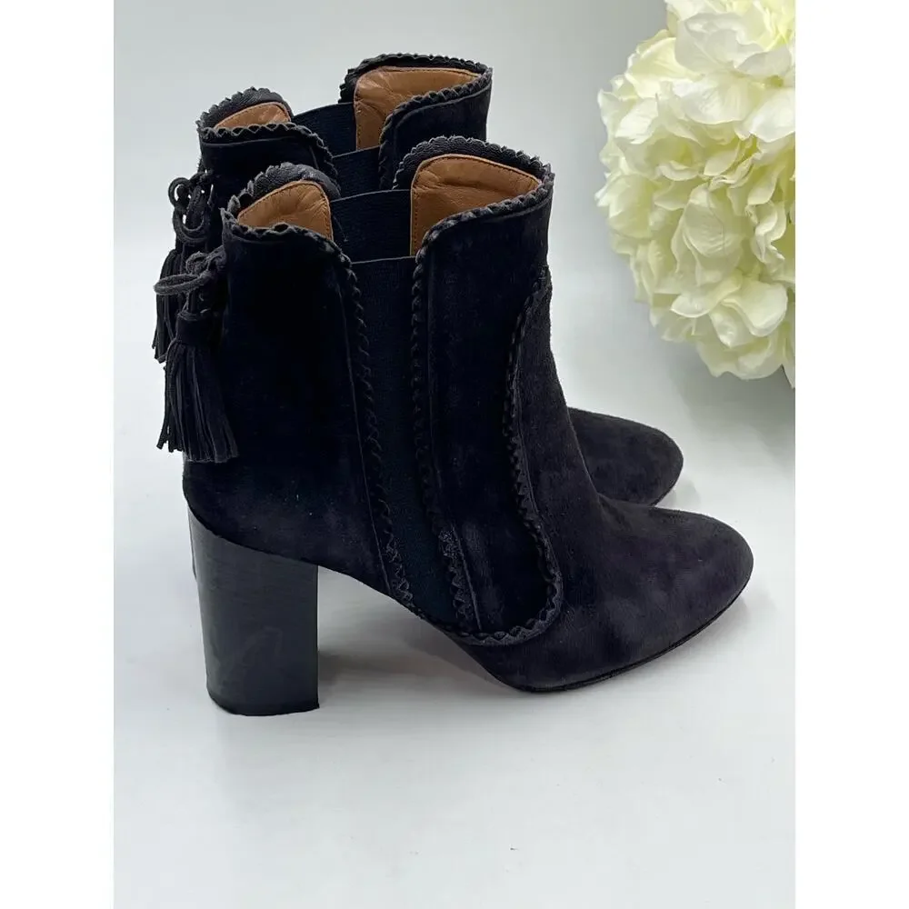 Aquazzura Firenze Black Gray Suede Tristan Fringe Ankle Bootie‎ Tassel 37.5,Sz 7